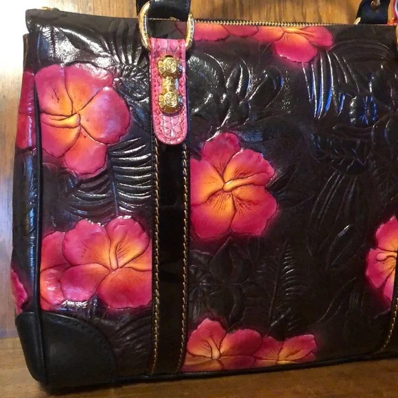 NWT-Marino Orlandi-Embossed Leather Satchel-Black-Tropical 🌺 Flowers-Italian 🇮🇹 - Picture 3 of 16